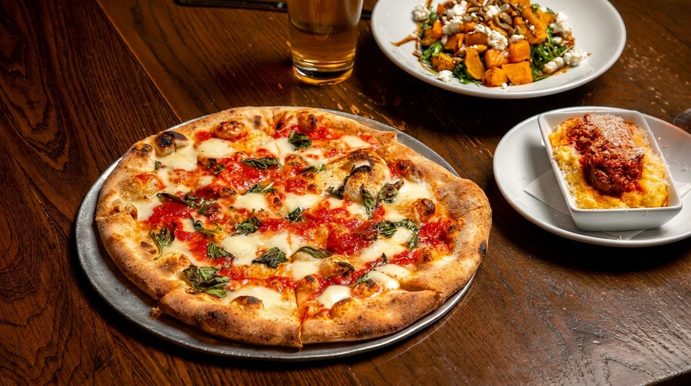 Margherita pizza, polenta with meatballs, and a salad with butternut squash and feta on a wooden table.