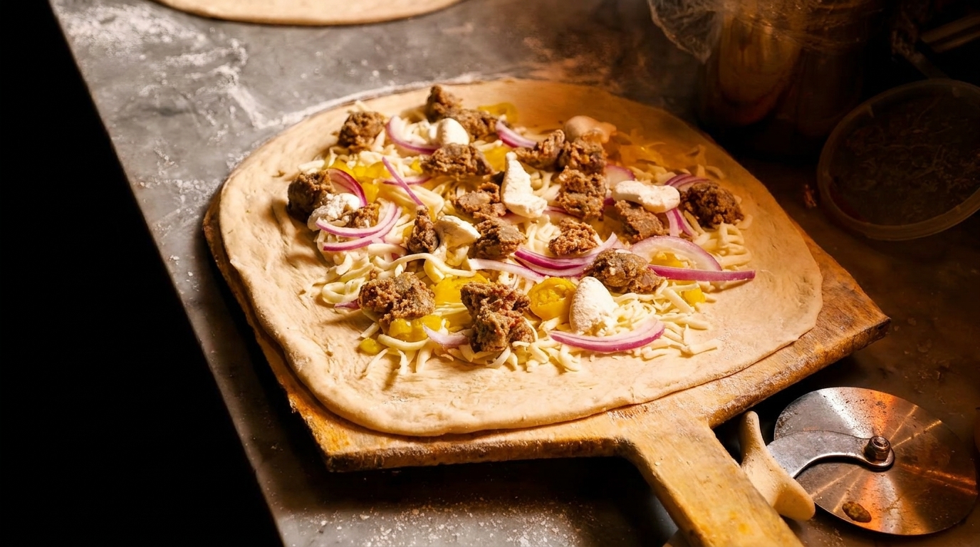 Uncooked pizza on a wooden peel, topped with cheese, red onions, yellow peppers, and meat.
