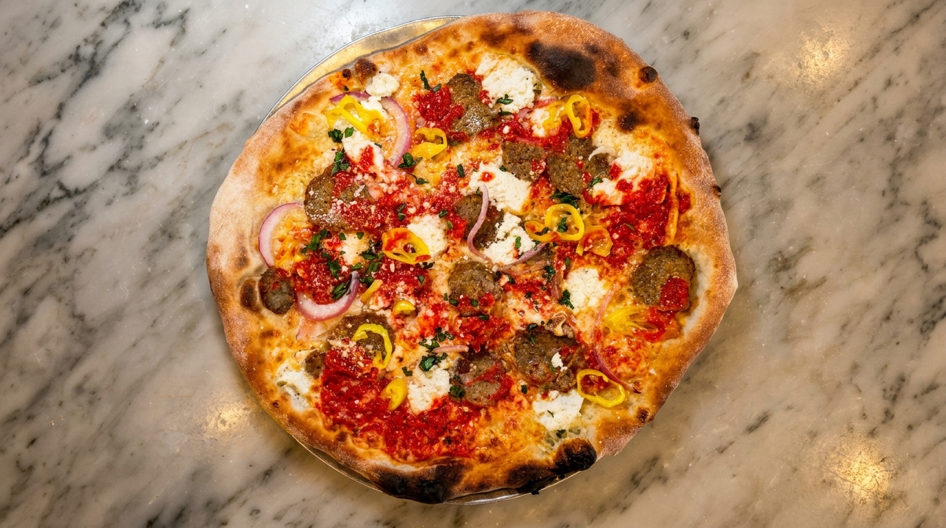 A whole pizza with sausage, ricotta, red onions, and banana peppers on a marble surface.