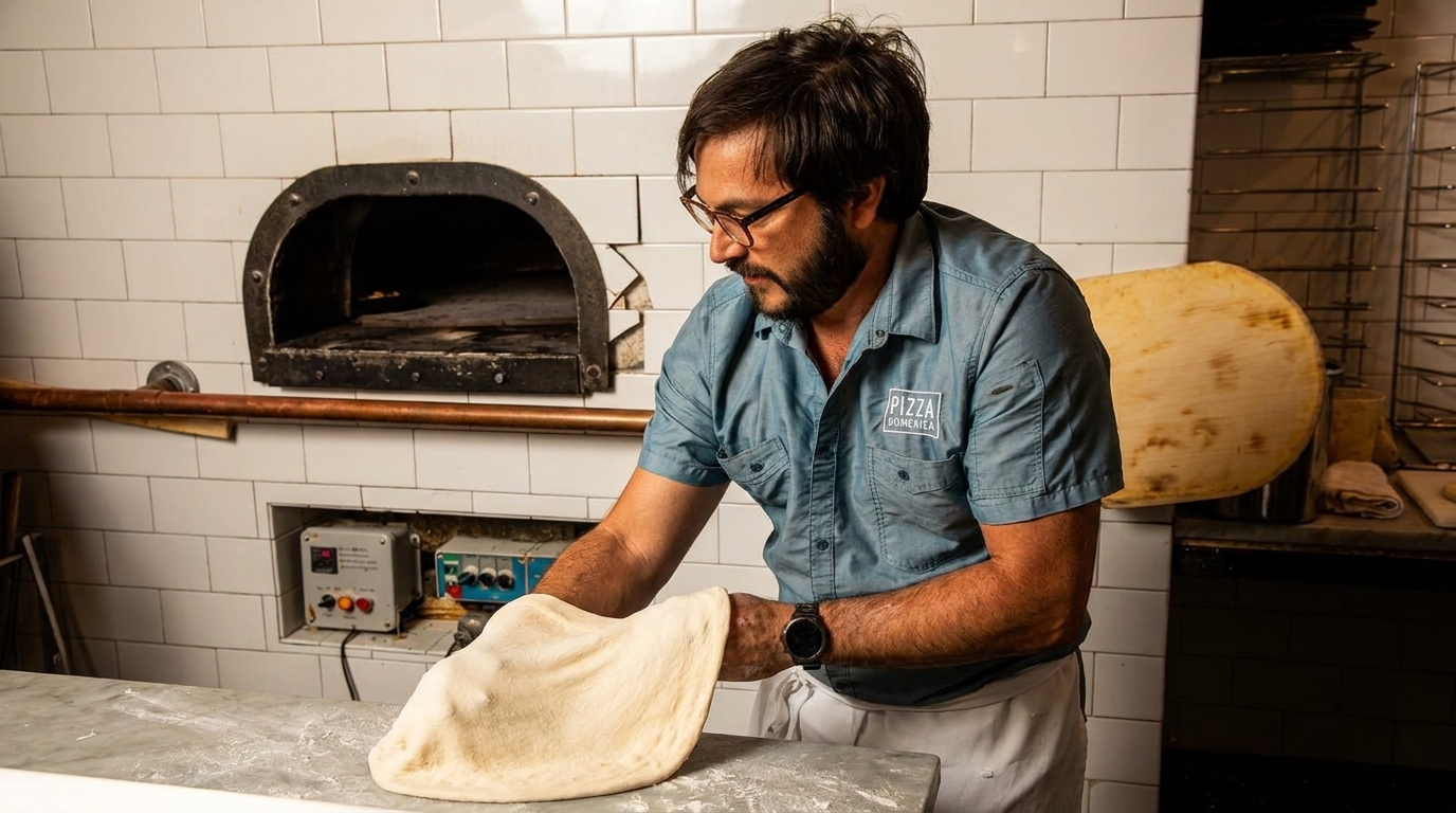 A chef in a blue shirt stretches pizza dough on a marble counter in front of a brick oven.