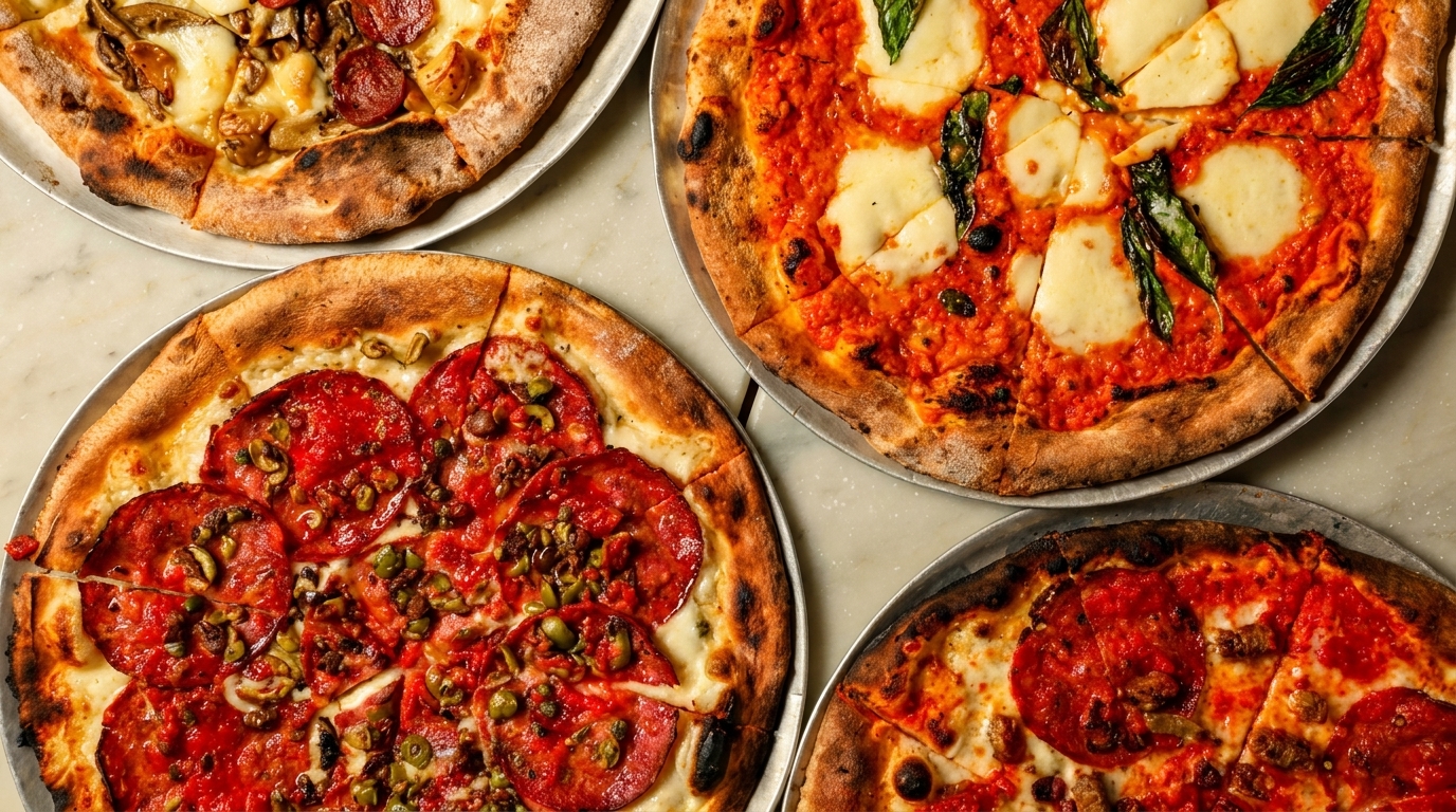 Four different pizzas with various toppings, including pepperoni, mushrooms, and basil, on metal trays.