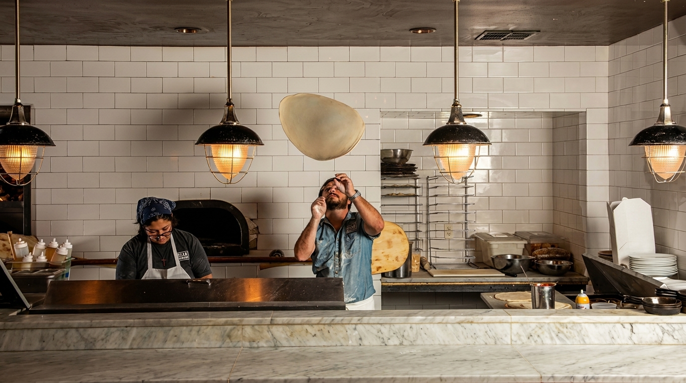 Two chefs in a kitchen, one tossing pizza dough, the other preparing food.