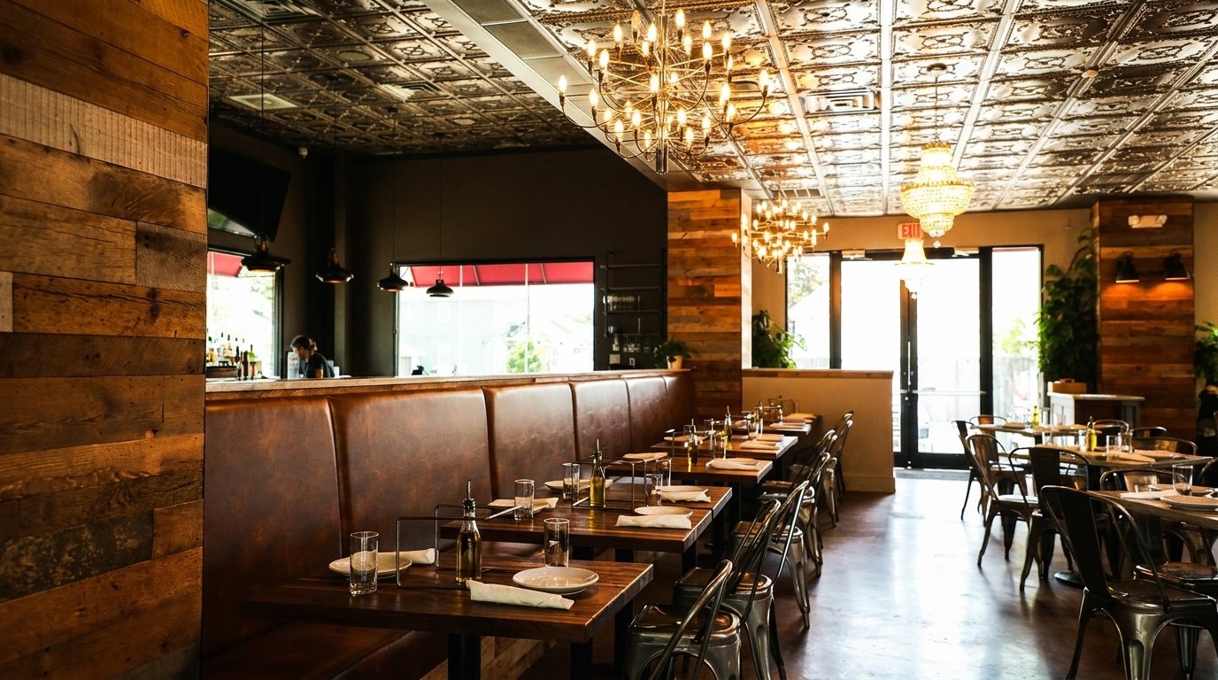 A modern restaurant interior with wooden tables, brown booths, and ornate chandeliers hanging from a tin ceiling.