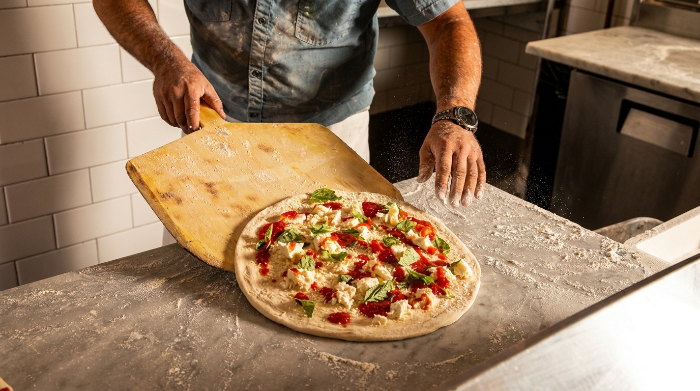 Chef preparing a fresh pizza with tomato sauce, cheese, and basil on a marble counter.