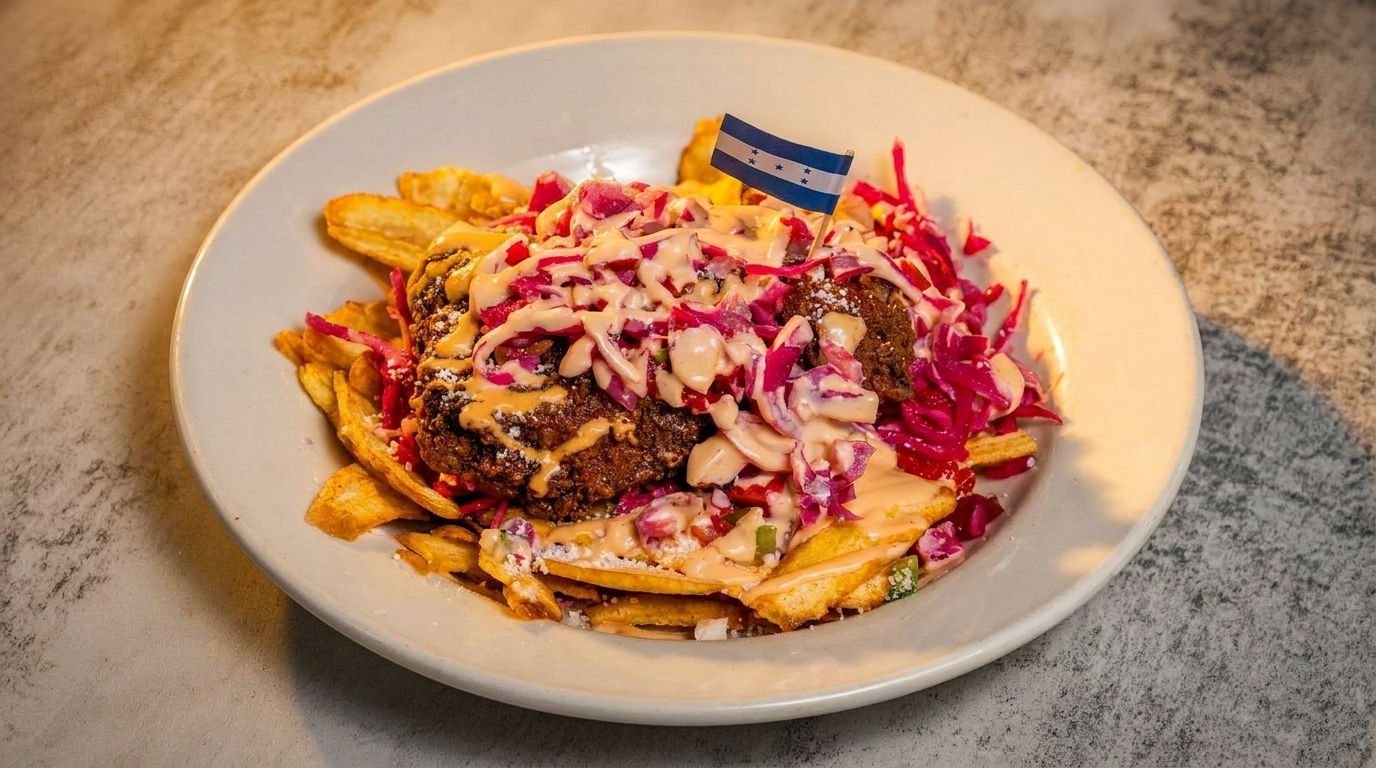 Honduran baleada with fried plantains, meat, red cabbage, and creamy sauce, topped with a Honduran flag.