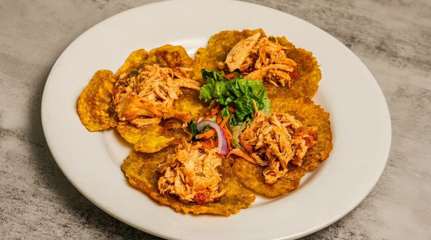Crispy plantain tostones topped with shredded chicken, fresh lettuce, and sliced red onions.
