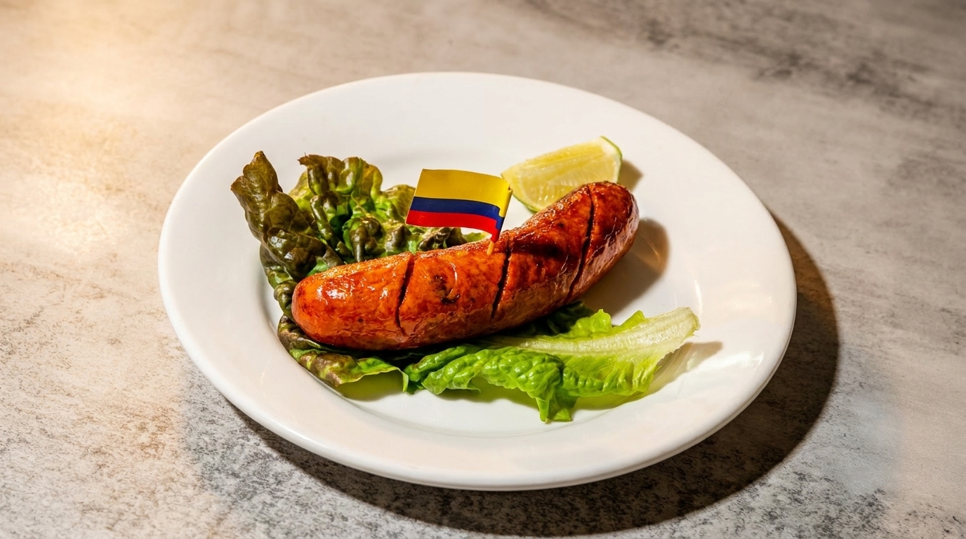 Grilled Colombian chorizo sausage with a flag, lettuce, and lime wedge on a white plate.