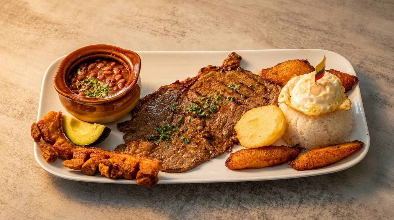 A Colombian bandeja paisa with steak, rice, beans, fried egg, plantains, chicharron, and avocado.