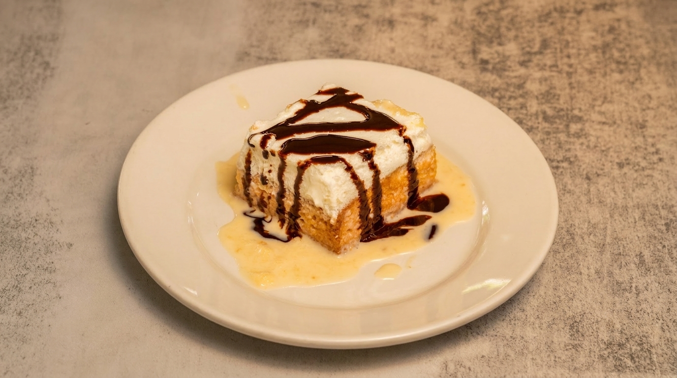 A slice of tres leches cake with whipped cream and chocolate drizzle on a white plate.