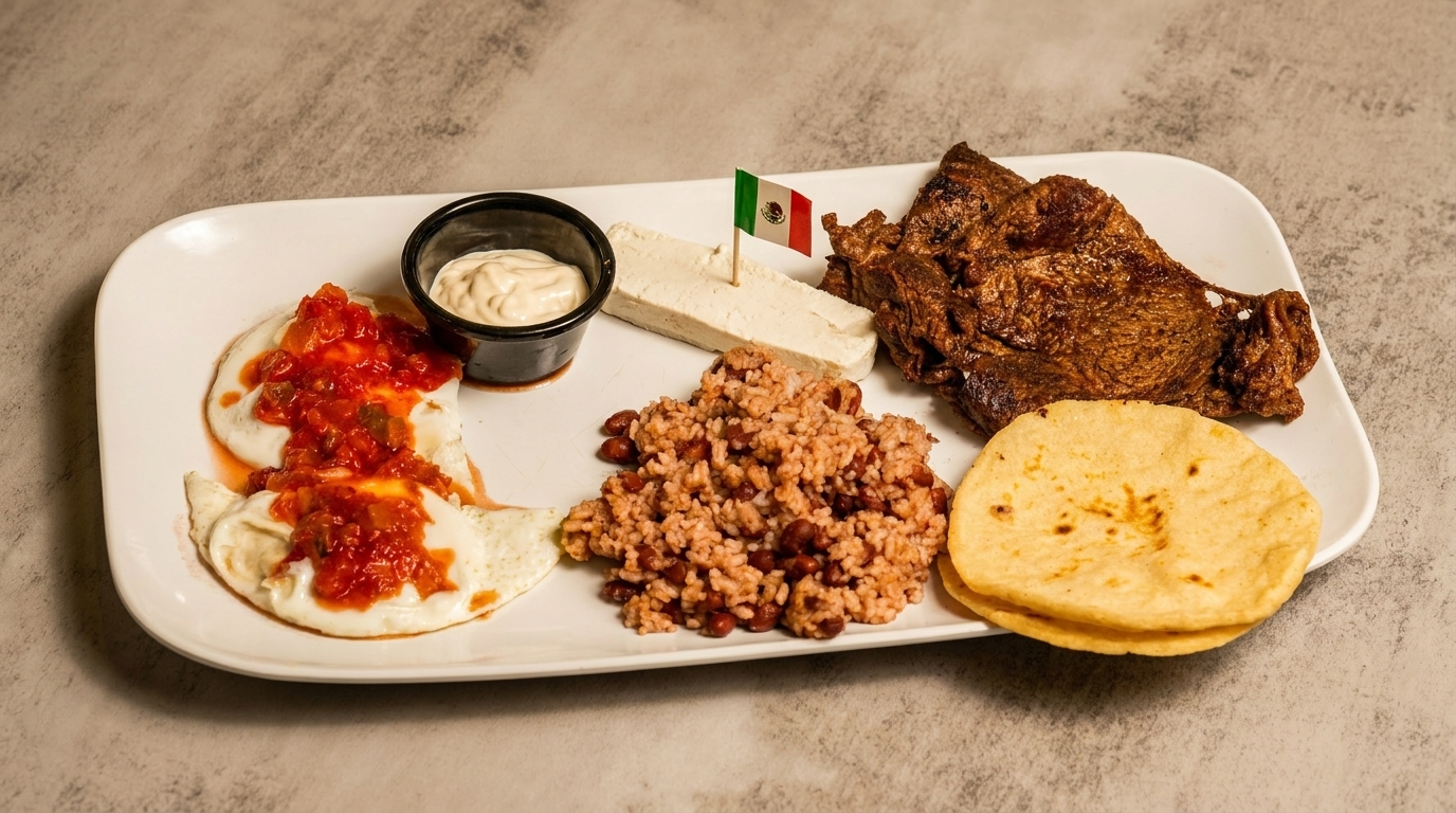 Mexican breakfast plate with eggs, salsa, beans, rice, meat, cheese, tortillas, and a Mexican flag.