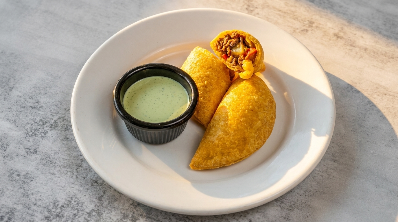 Three golden-fried empanadas, one cut open to show a savory filling, served with a green dipping sauce.