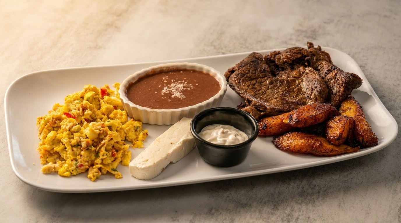 A breakfast platter with scrambled eggs, refried beans, steak, fried plantains, cheese, and sour cream.