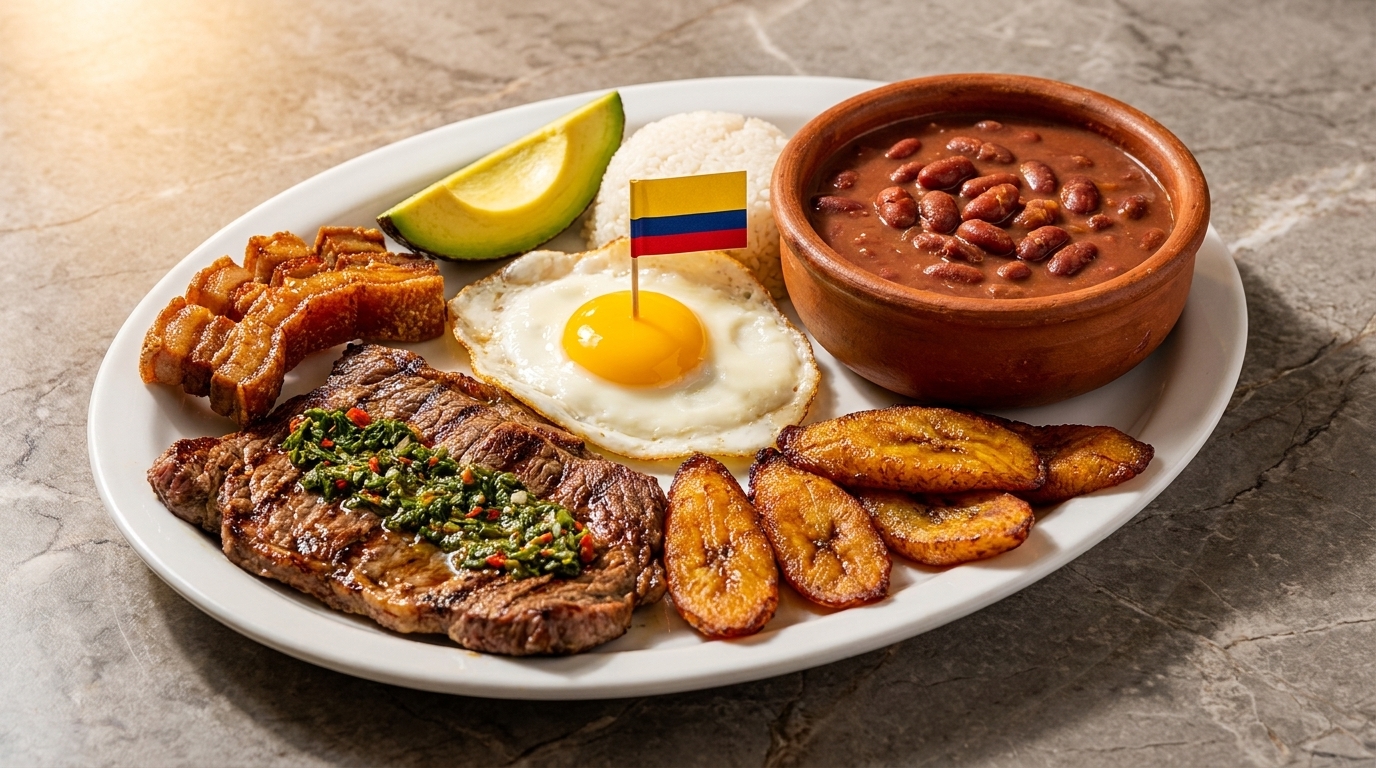 Bandeja Paisa with steak, beans, rice, avocado, fried egg, plantains, and chicharrón.