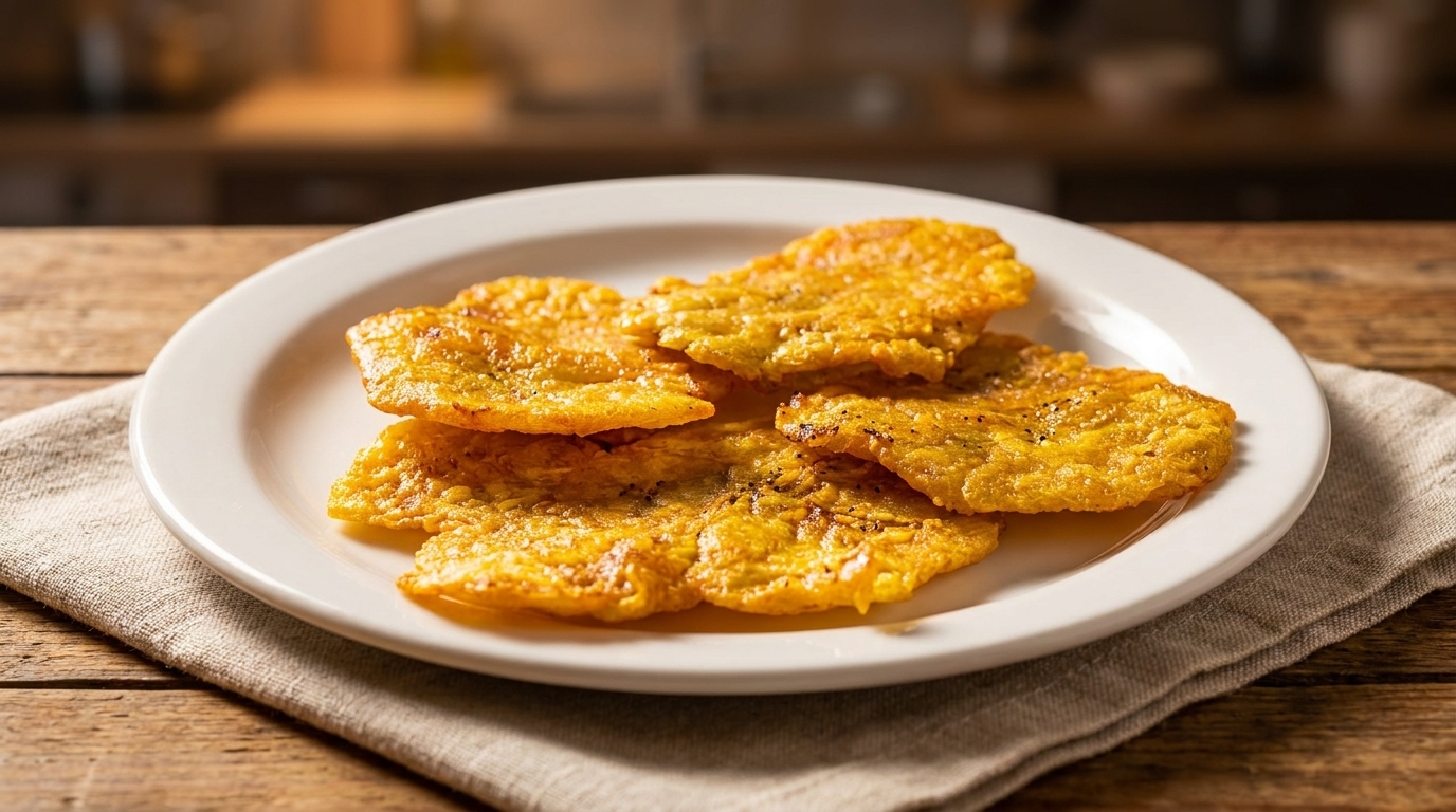 A white plate filled with golden-brown fried plantains, sprinkled with pepper, on a wooden table.