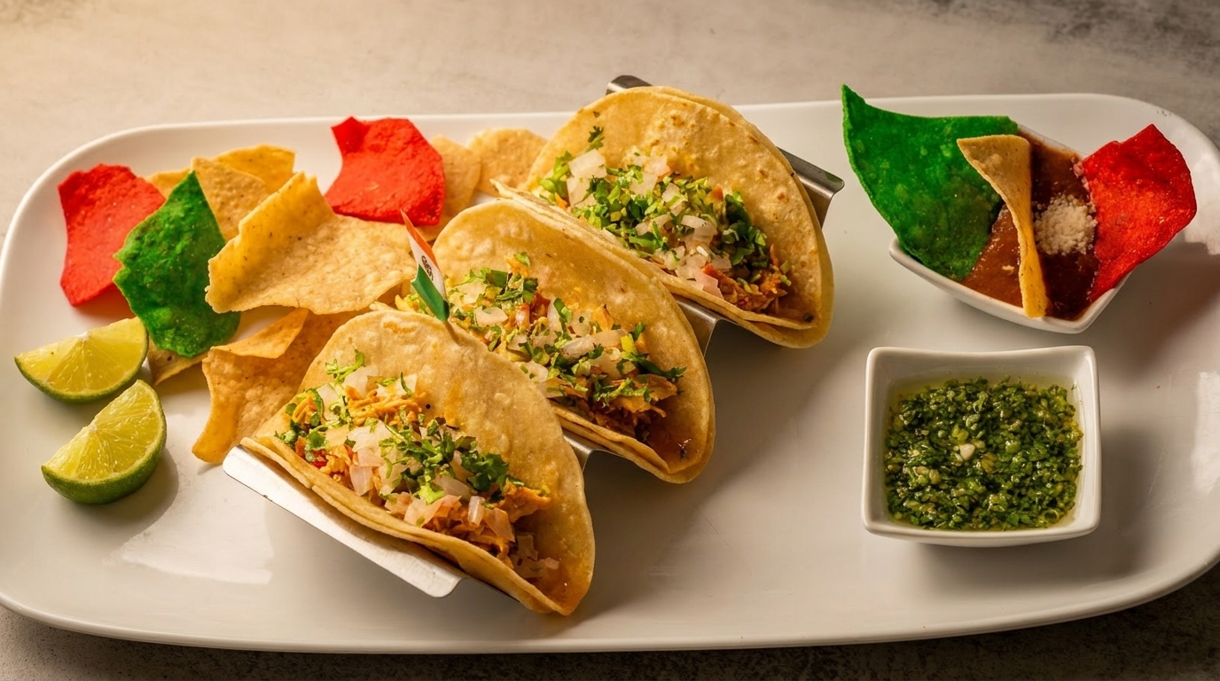 Three tacos with cilantro and onions, colorful tortilla chips, lime wedges, and two dipping sauces.