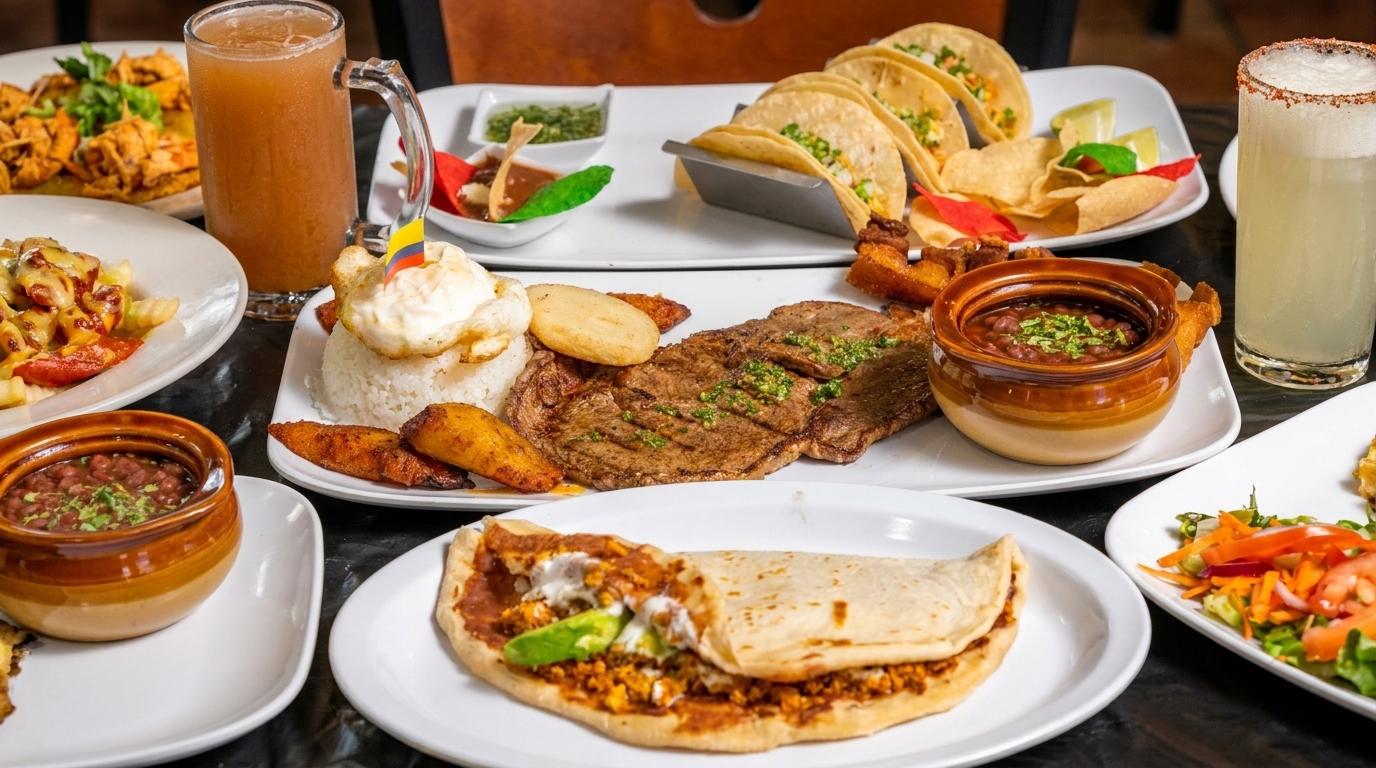 A table laden with various Colombian dishes, including steak, rice, beans, tacos, and drinks.