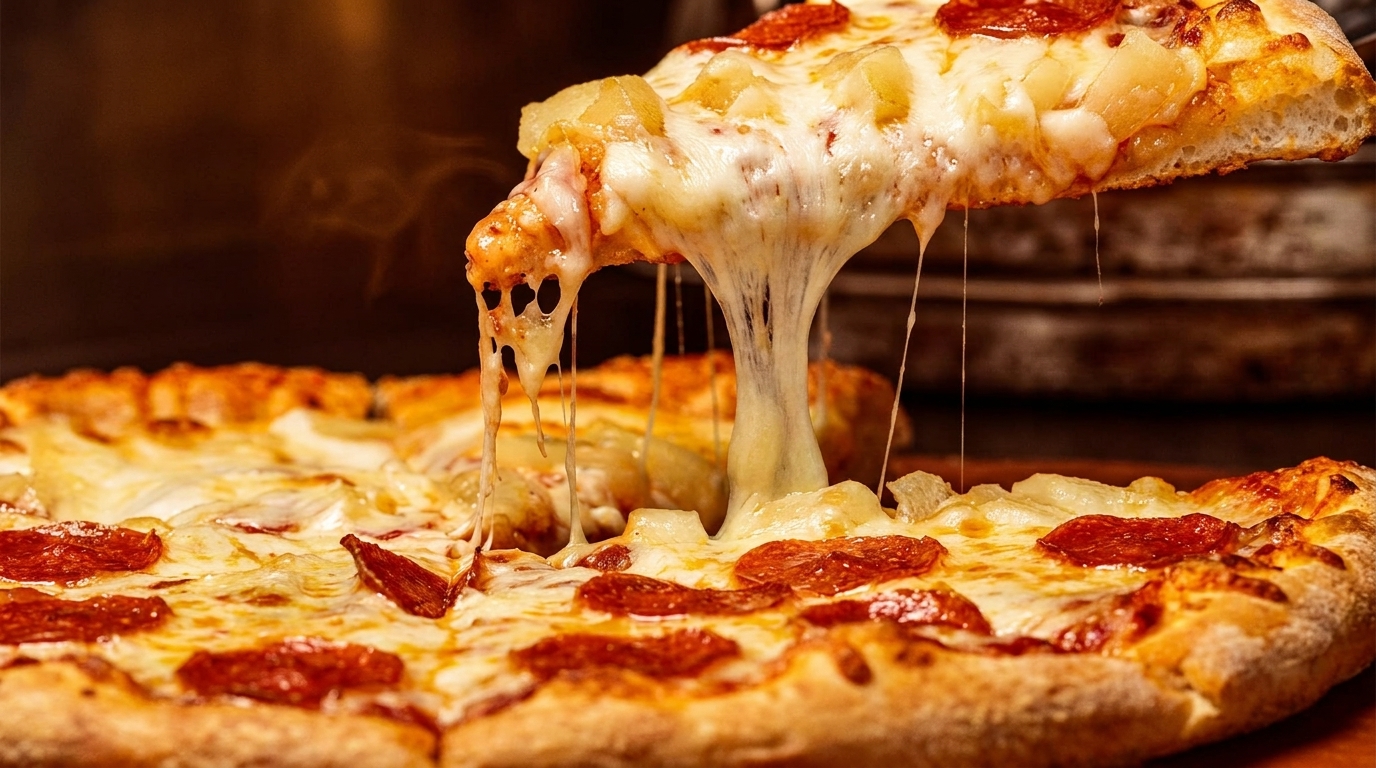 A slice of pepperoni and pineapple pizza being lifted, with cheese stretching from the pie.