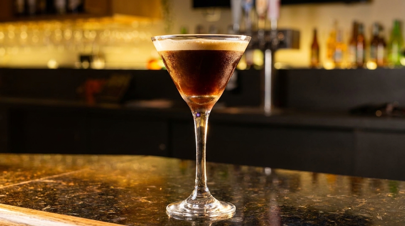 Espresso martini with foamy top on a dark, speckled bar counter with blurred bottles in background.