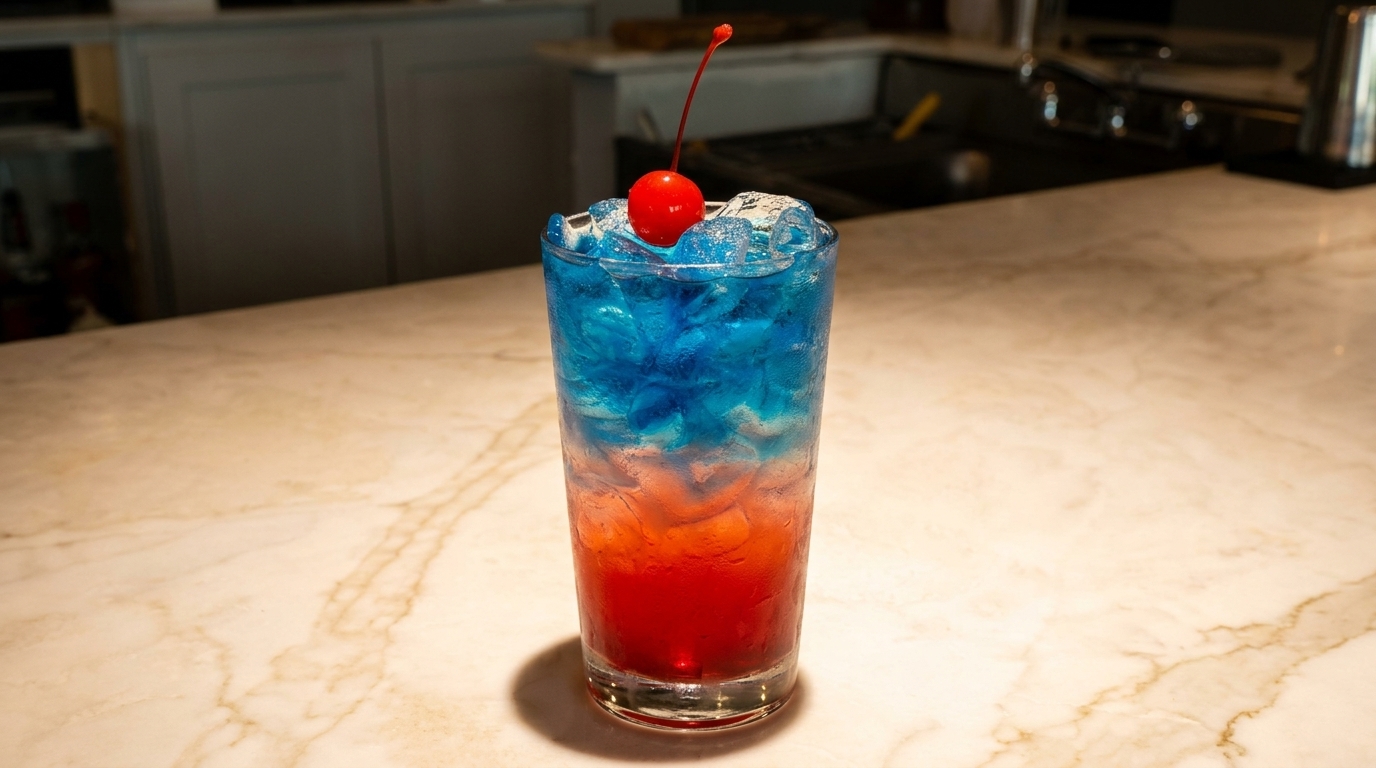 Red and blue layered drink with ice and a cherry on top, on a marble counter.