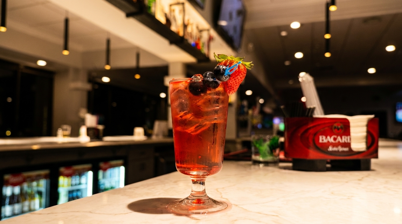 Red cocktail with berries and a strawberry garnish on a marble bar top.