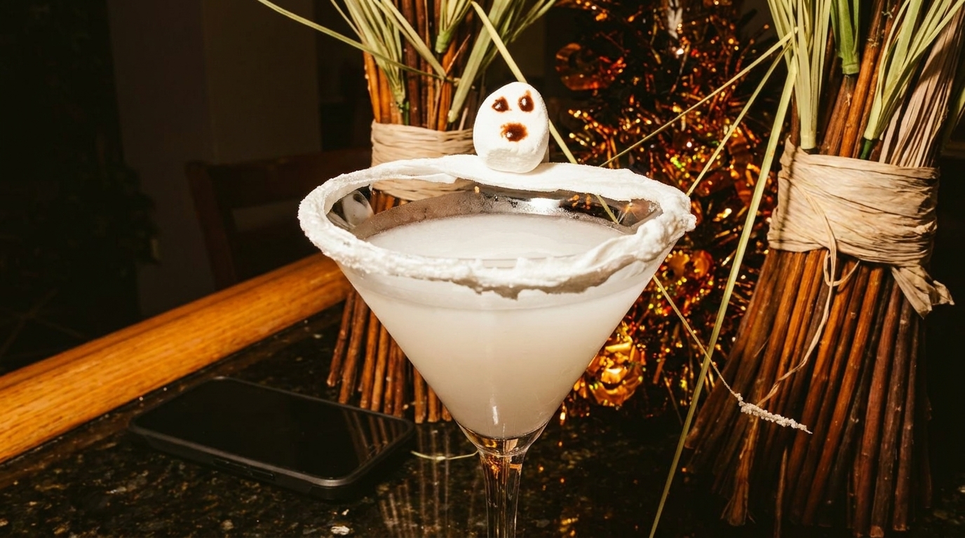 A Halloween-themed cocktail in a martini glass, garnished with a marshmallow ghost and sugar rim.