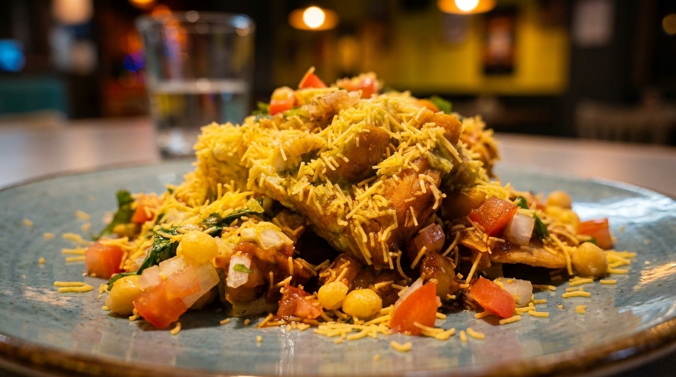 A close-up of a colorful Indian chaat dish with crispy noodles, tomatoes, and chickpeas.