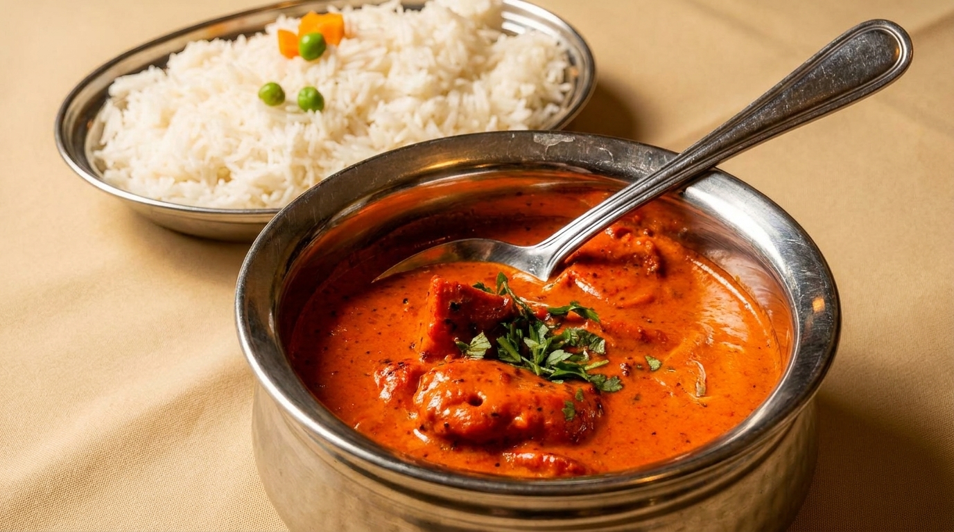 A metal bowl of chicken tikka masala with a spoon, and a side of white rice.