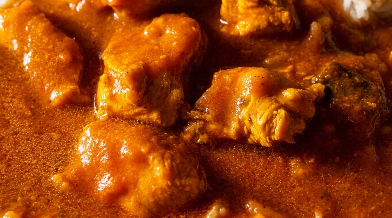 Close-up of chicken tikka masala, with tender chicken pieces immersed in a rich, orange-red curry sauce.
