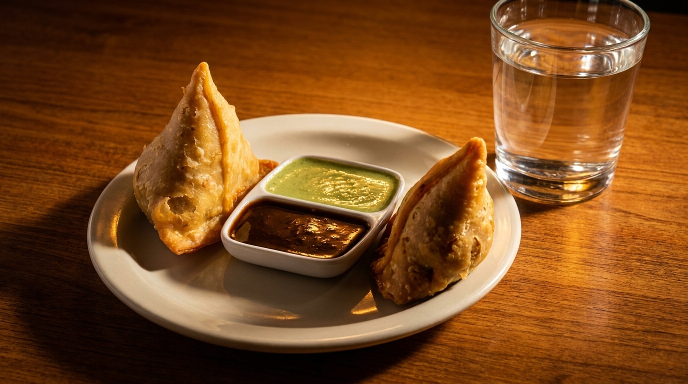 Two golden-brown samosas with green and brown chutneys on a white plate, next to a glass of water.