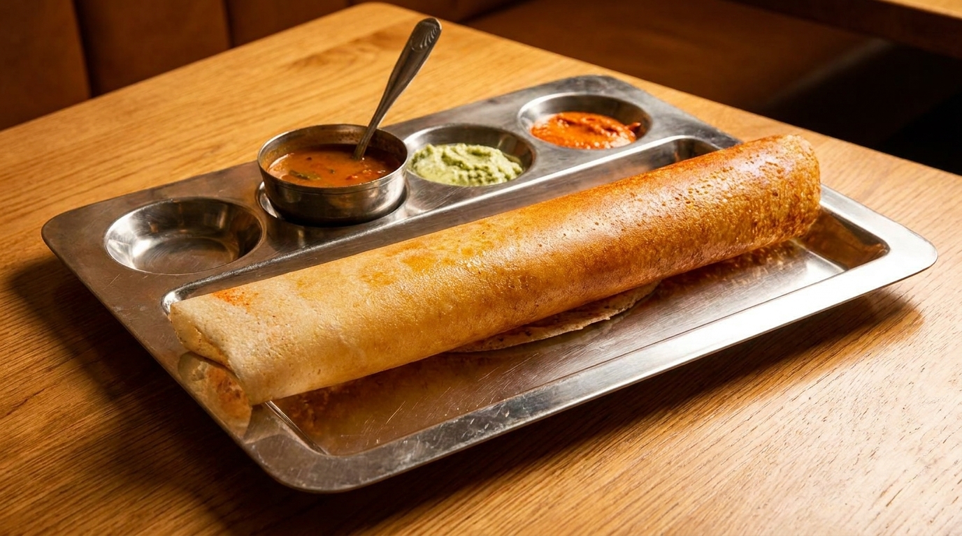 Crispy golden dosa served on a metal tray with three small bowls of colorful chutneys and sambar.