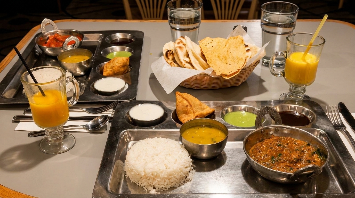 Two Indian thali meals with curries, rice, samosas, naan, and mango lassi on a table.