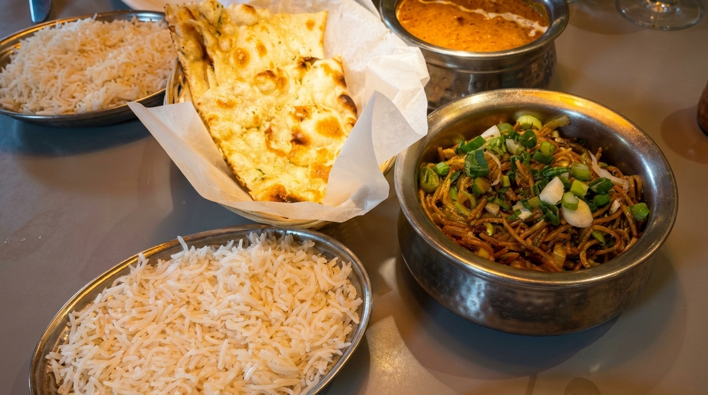 A table spread with Indian dishes: naan, rice, noodles, and a curry in metal bowls.