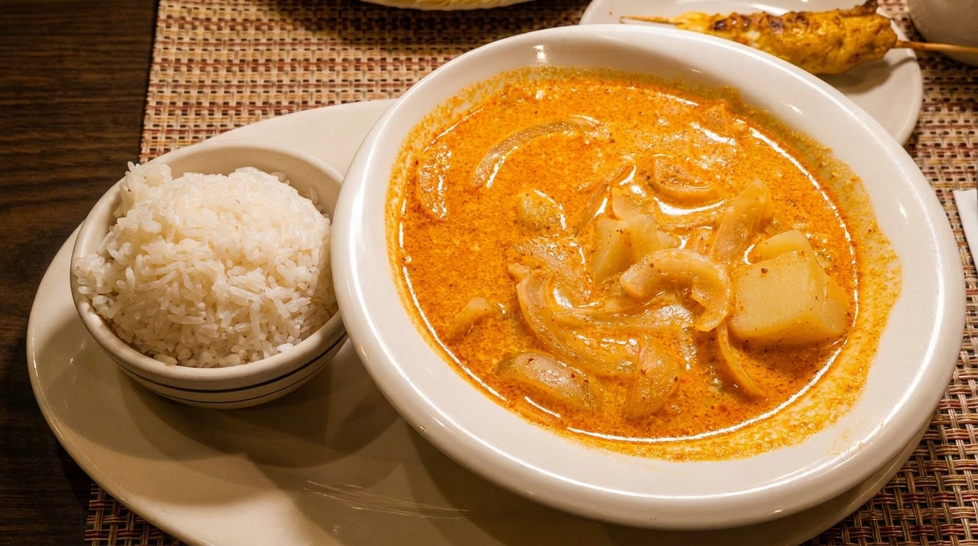 Massaman curry with potatoes and onions, served with a side of white rice.