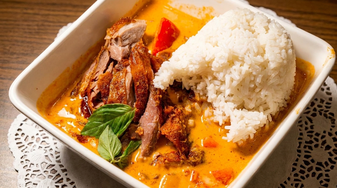 Crispy duck in red curry sauce with rice and basil in a white rectangular dish.