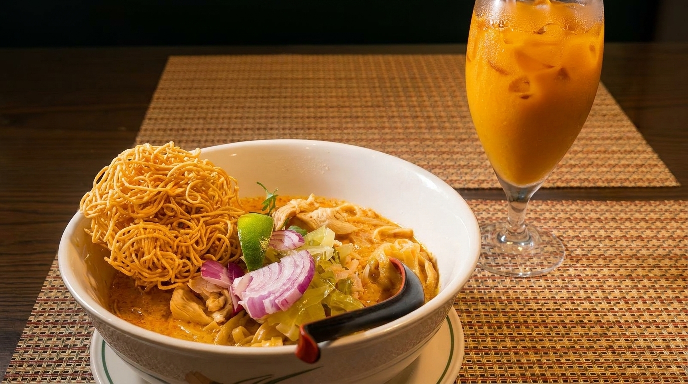 A bowl of Khao Soi with crispy noodles, red onion, and lime, next to a glass of Thai iced tea.