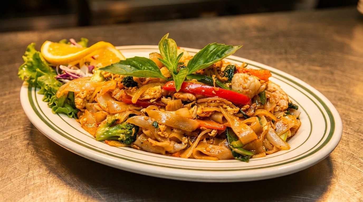 Pad See Ew with chicken and shrimp, garnished with basil, red pepper, and orange slice.