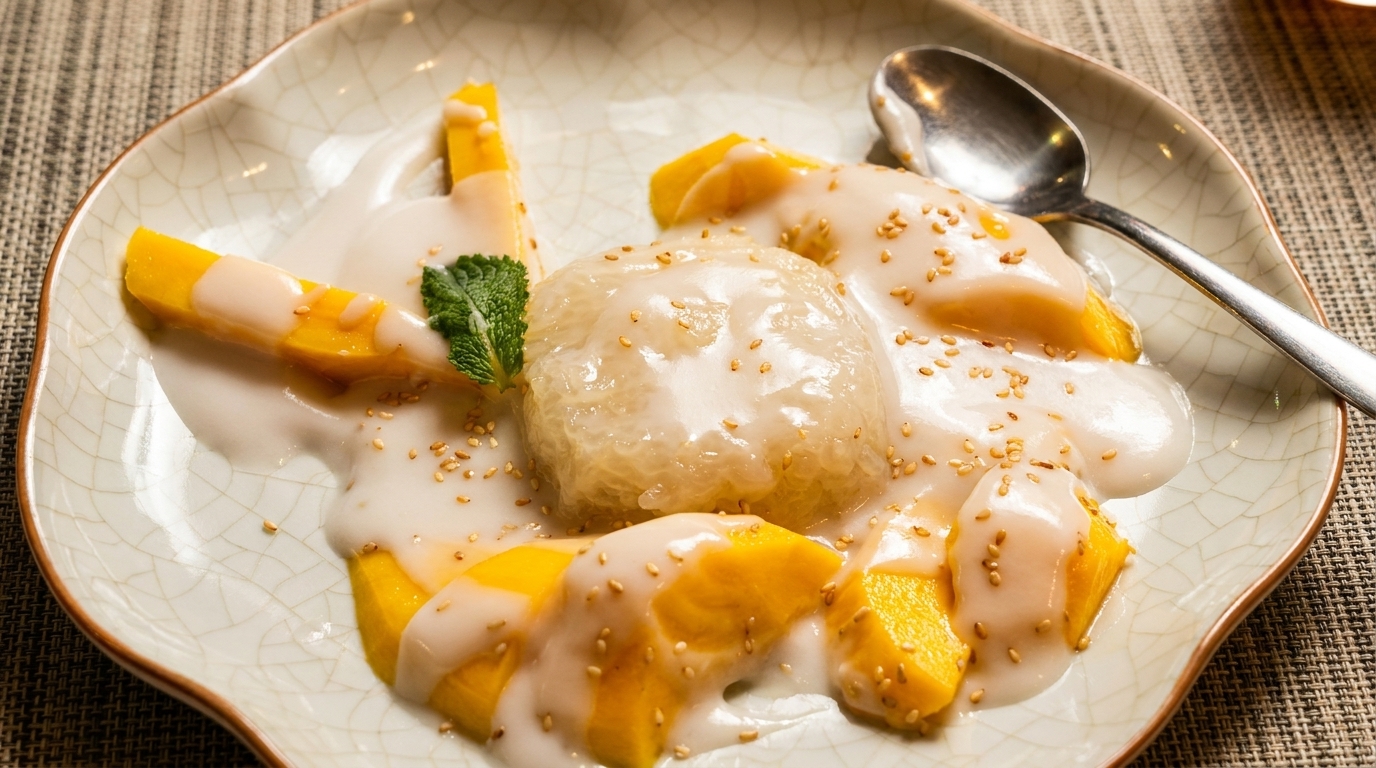 Mango sticky rice dessert with coconut milk, sesame seeds, and a mint leaf on a decorative plate.