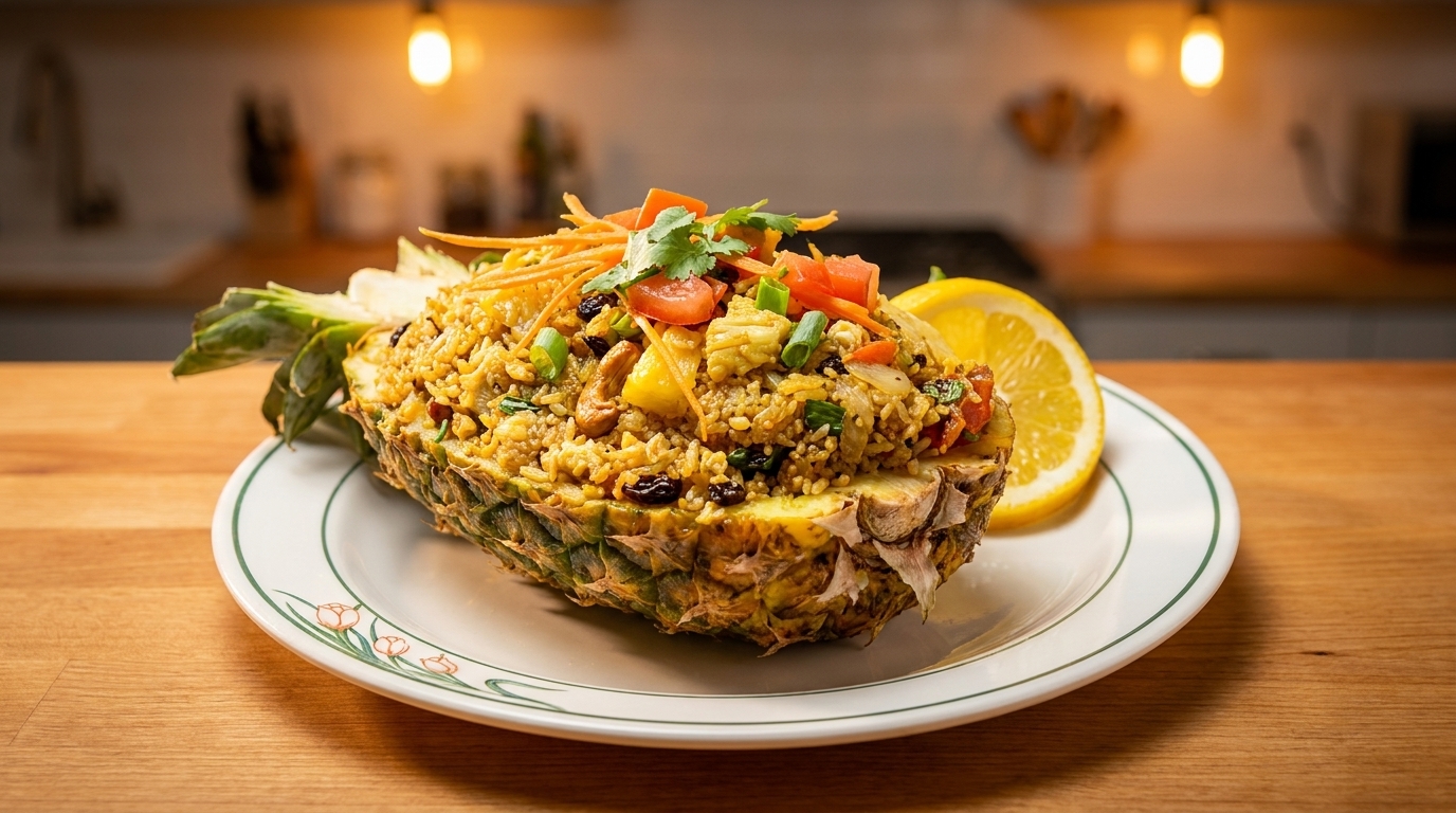 Pineapple fried rice, garnished with vegetables and cashews, served in a pineapple half with a lemon slice.
