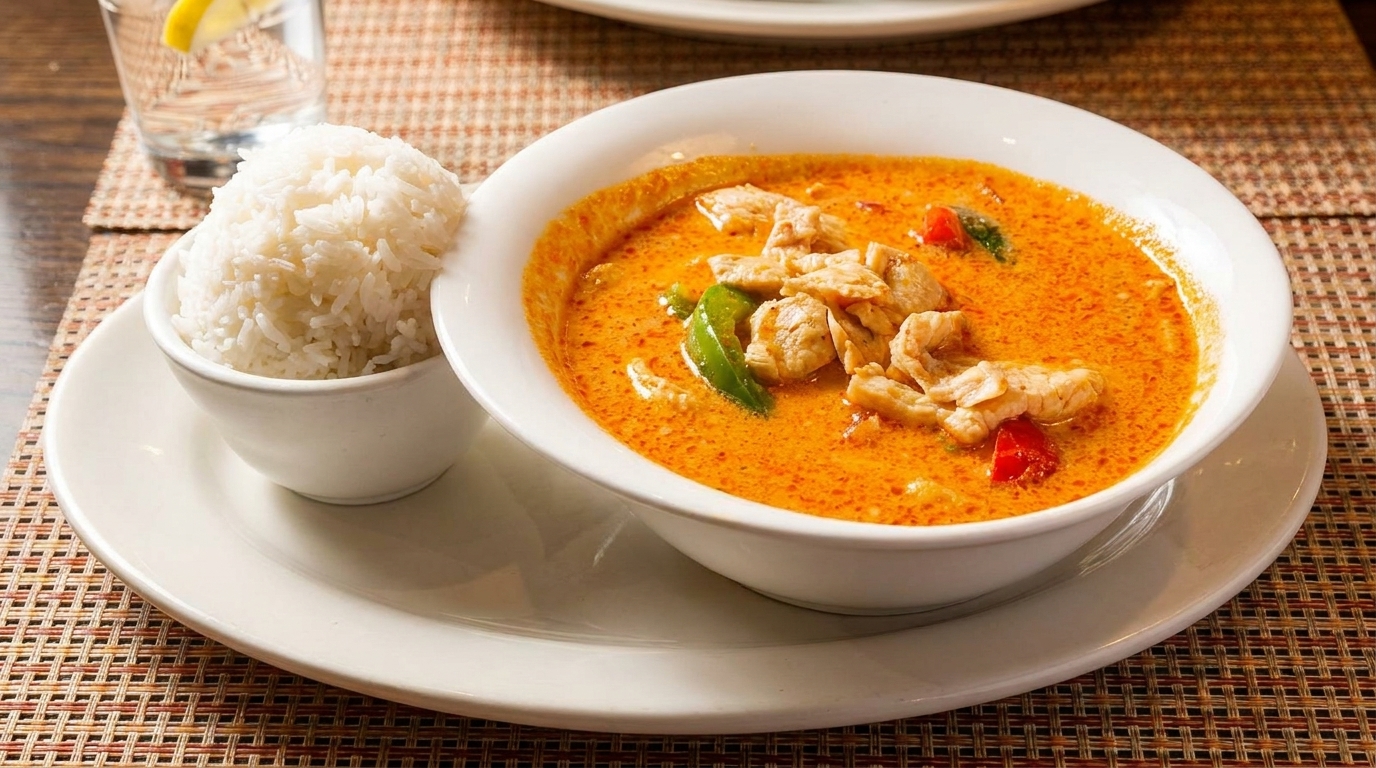 Red curry with chicken and vegetables, served with a side of white rice and a glass of water.