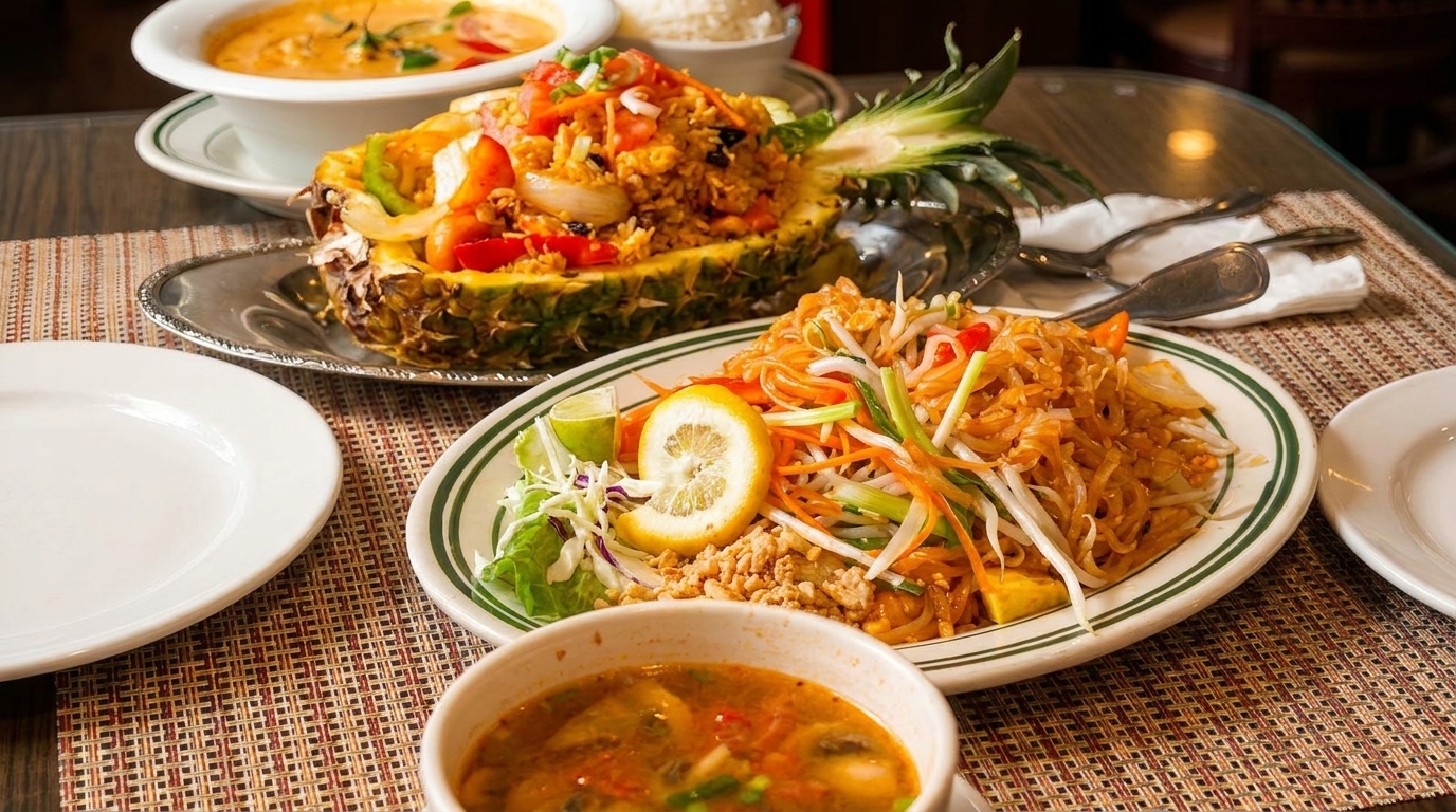 Table laden with Thai dishes: pineapple fried rice, pad Thai, and two bowls of soup.