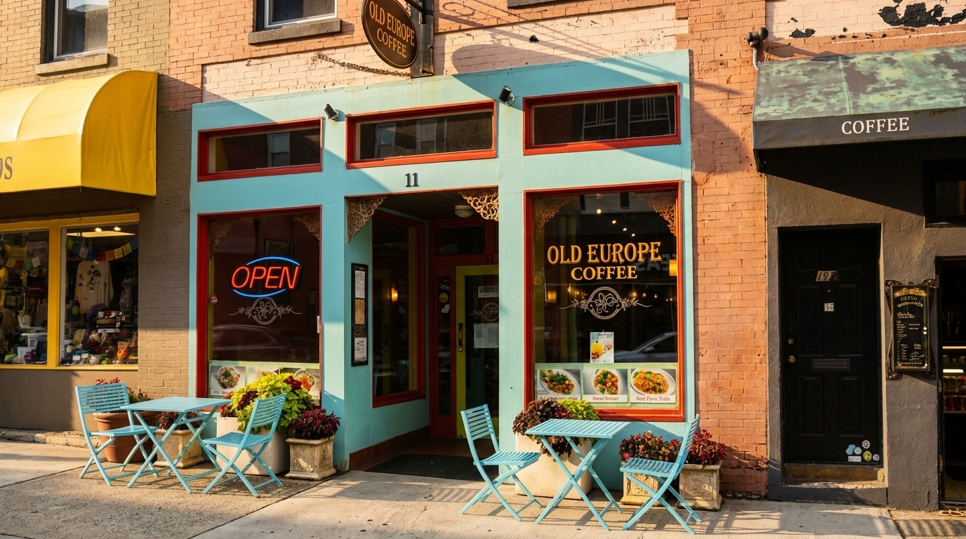 The exterior of Old Europe Coffee, a light blue building with red trim, and outdoor seating.