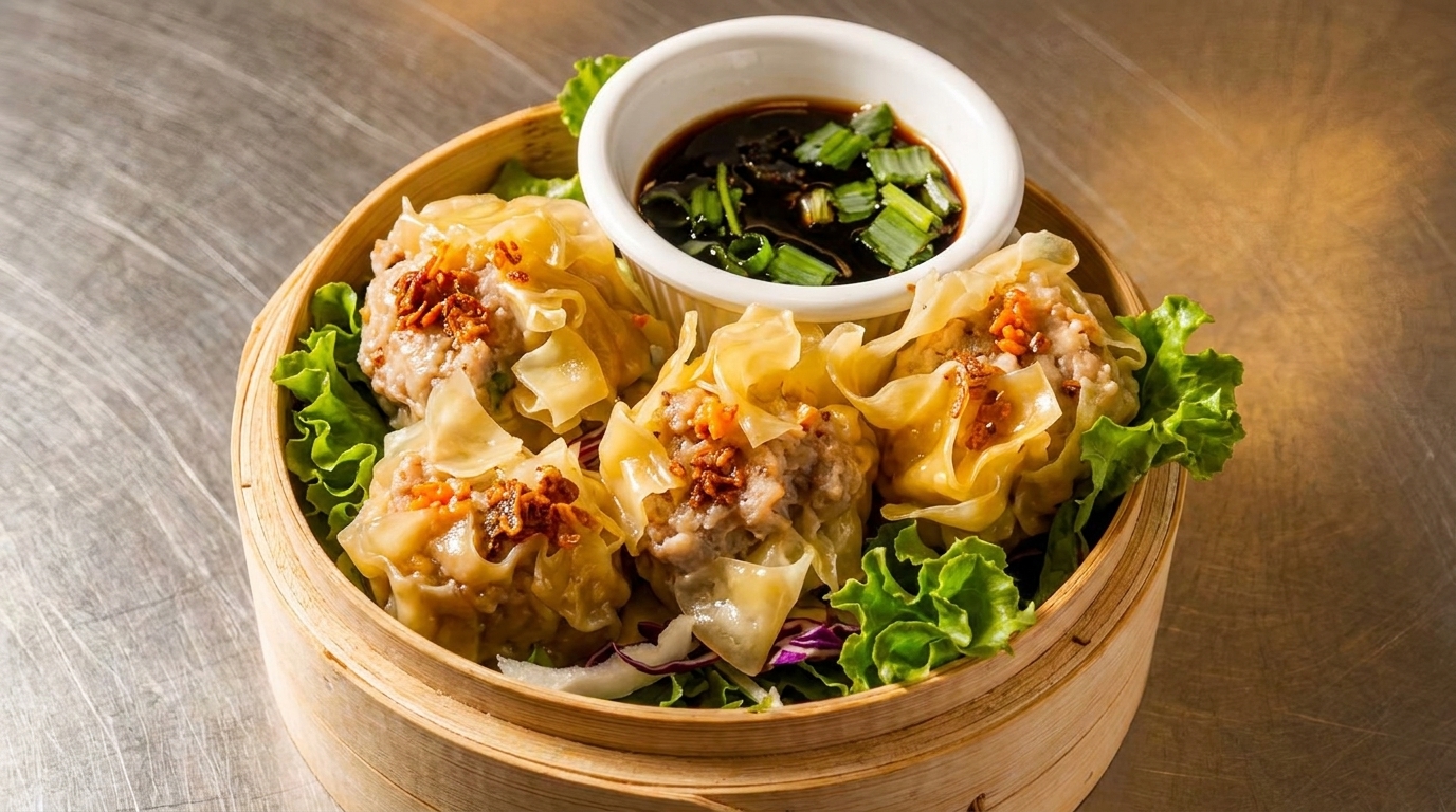 Steamed dim sum dumplings with a side of soy sauce and green onions in a bamboo steamer.