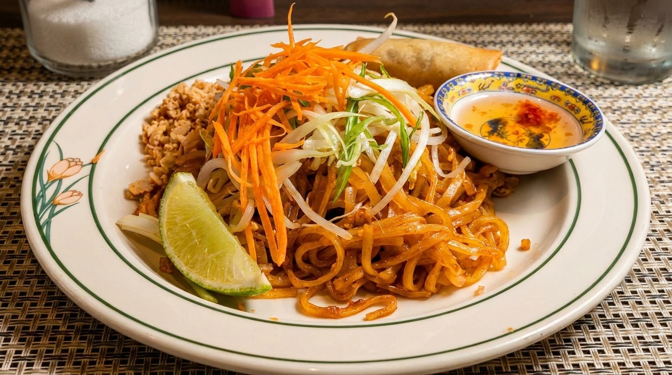 Pad Thai noodles with shredded carrots, green onions, lime, and a side of sauce.