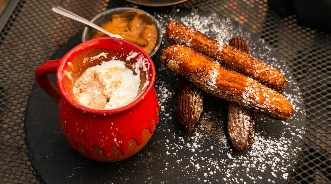 Churros dusted with powdered sugar, a red mug of hot chocolate with whipped cream, and dulce de leche.