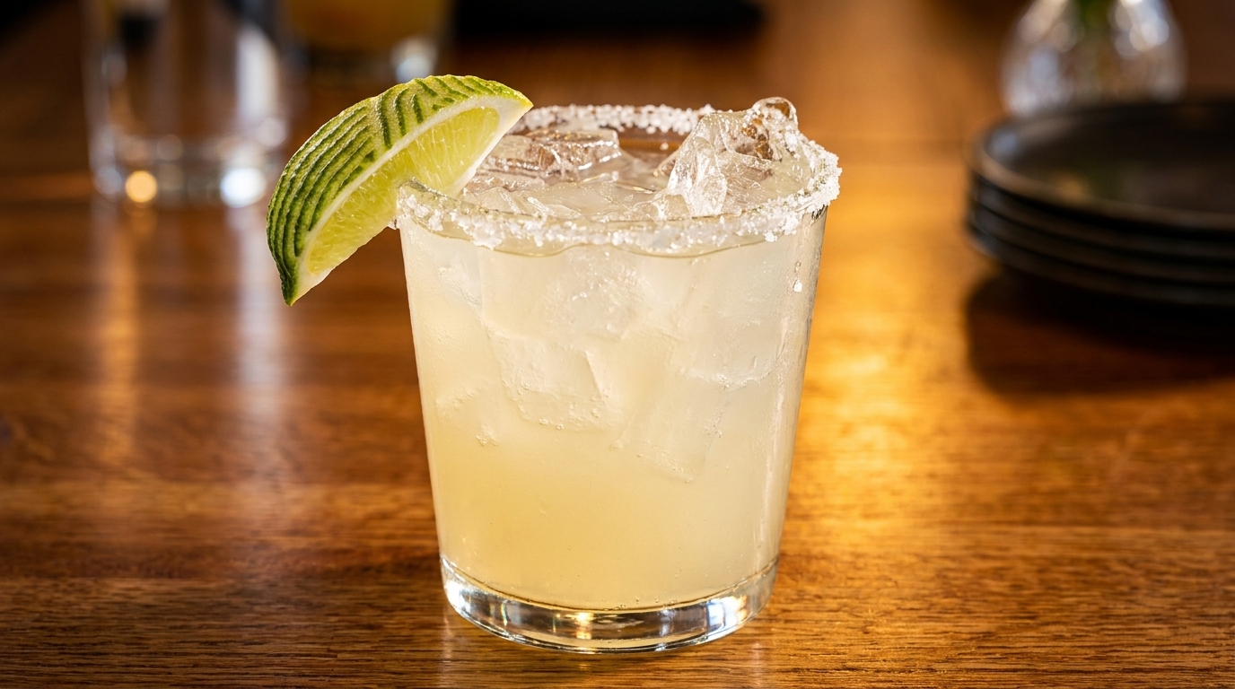 A margarita with a salted rim, ice, and a lime wedge on a wooden table.