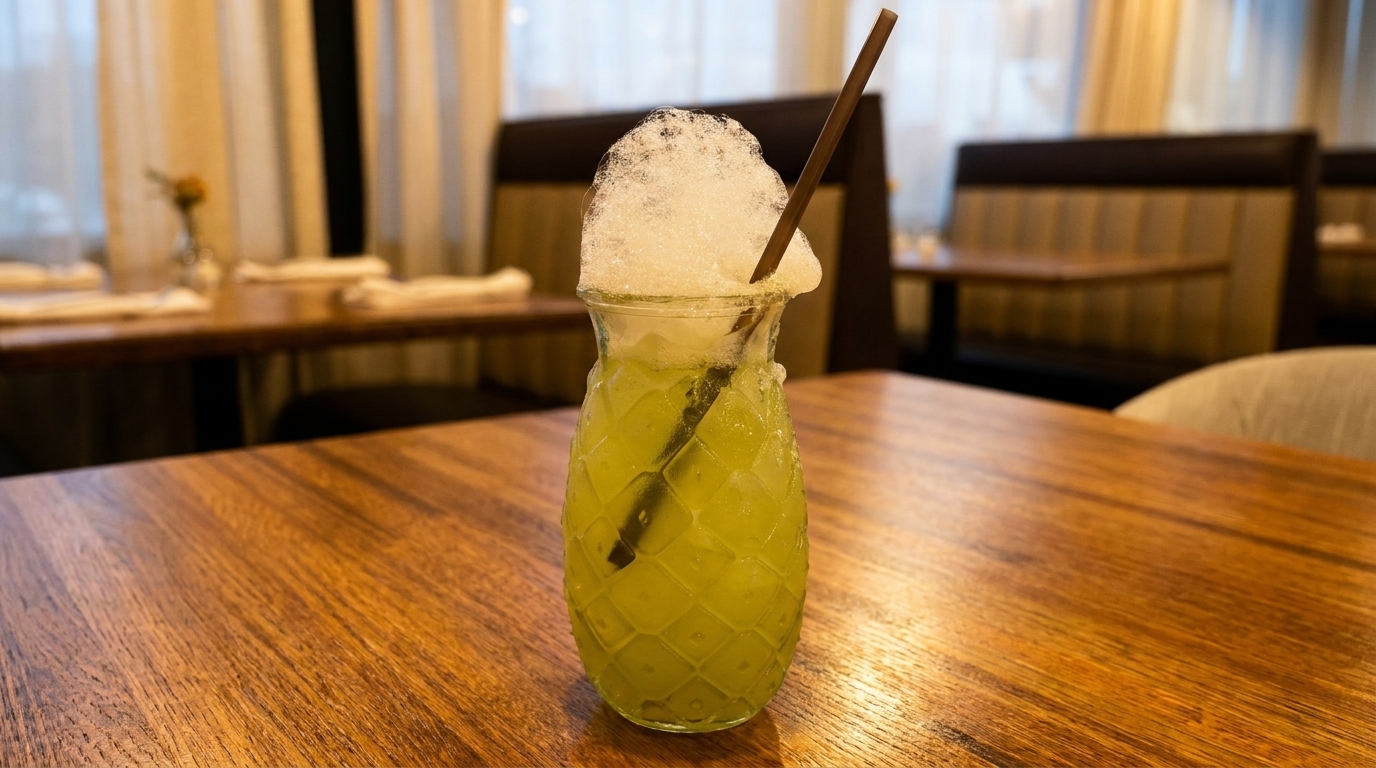 Green cocktail in a pineapple-shaped glass with foamy top and straw on a wooden table.