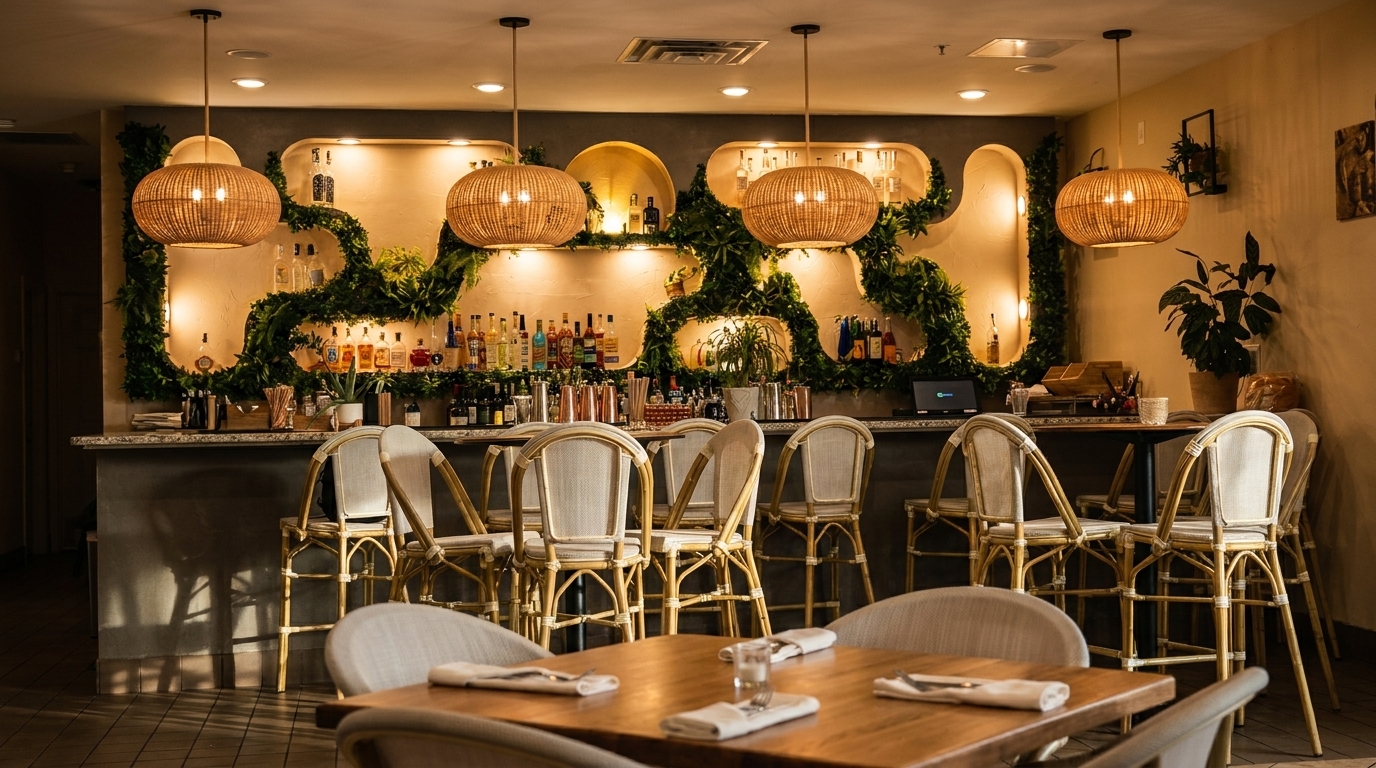 A stylish bar area with rattan pendant lights, lush greenery, and bottles displayed behind the counter.