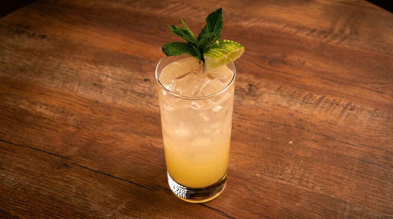 Tall glass of iced cocktail with mint and lime garnish on a wooden table.