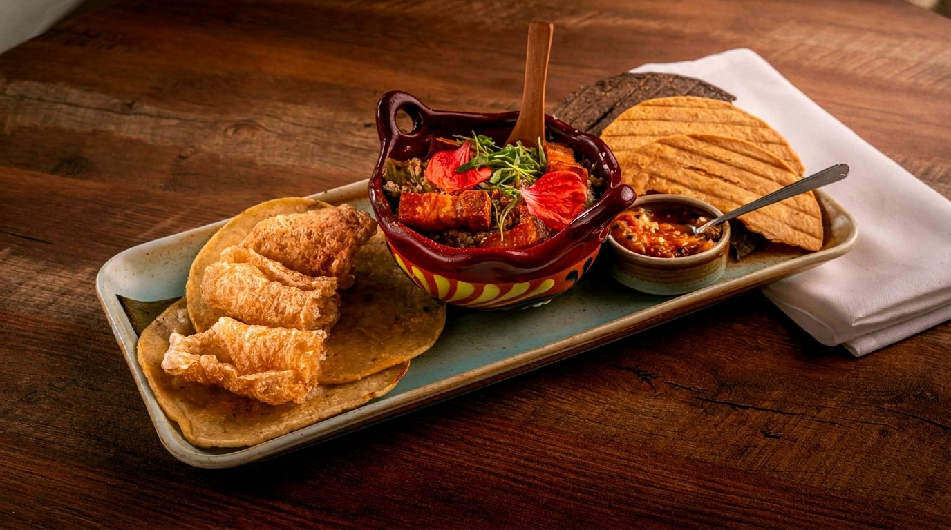 Mexican dish with pork belly, tortillas, chicharrones, and salsa on a wooden table.