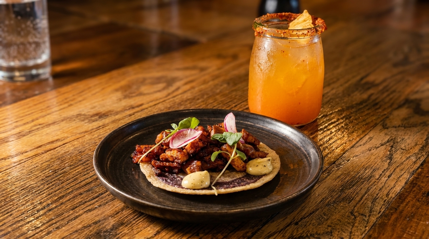 A single taco with meat, radish, and sauce on a dark plate, next to an orange drink.
